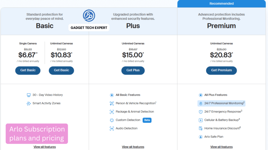 Arlo Subscription plans and pricing